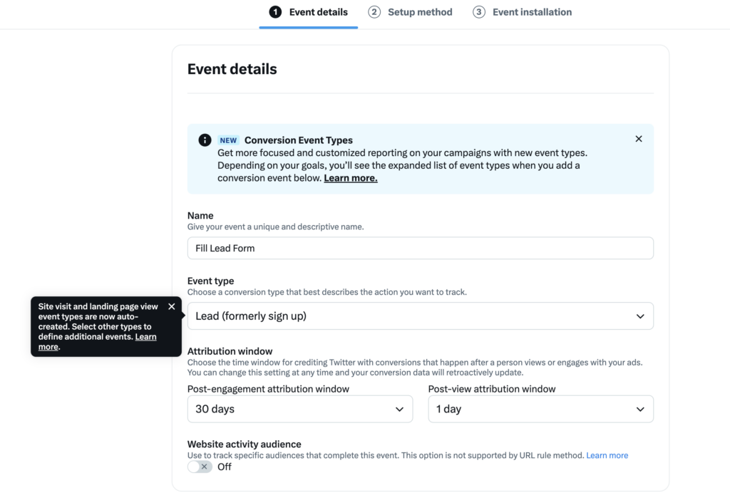 x ads conversion tracking event setup details